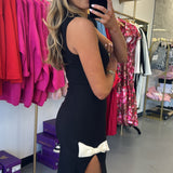 BLACK HIGH SLIT BOW MAXI DRESS