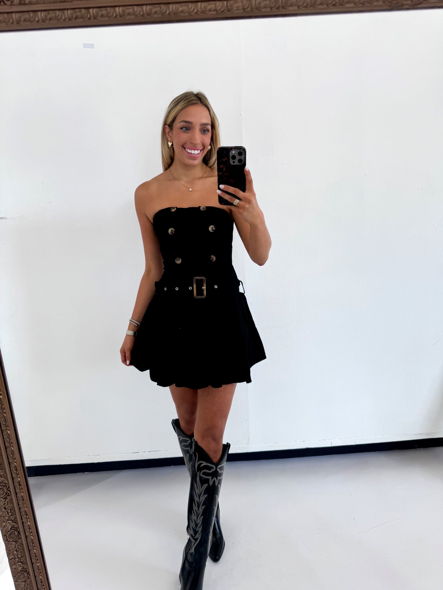 BLACK PLEATED BUTTON MINI DRESS