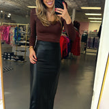 BLACK FAUX LEATHER MIDI SKIRT (size small left)