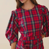 Red Plaid Ruffle Sleeve Detail Dress