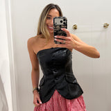 BLACK PLEATHER STRAPLESS TOP