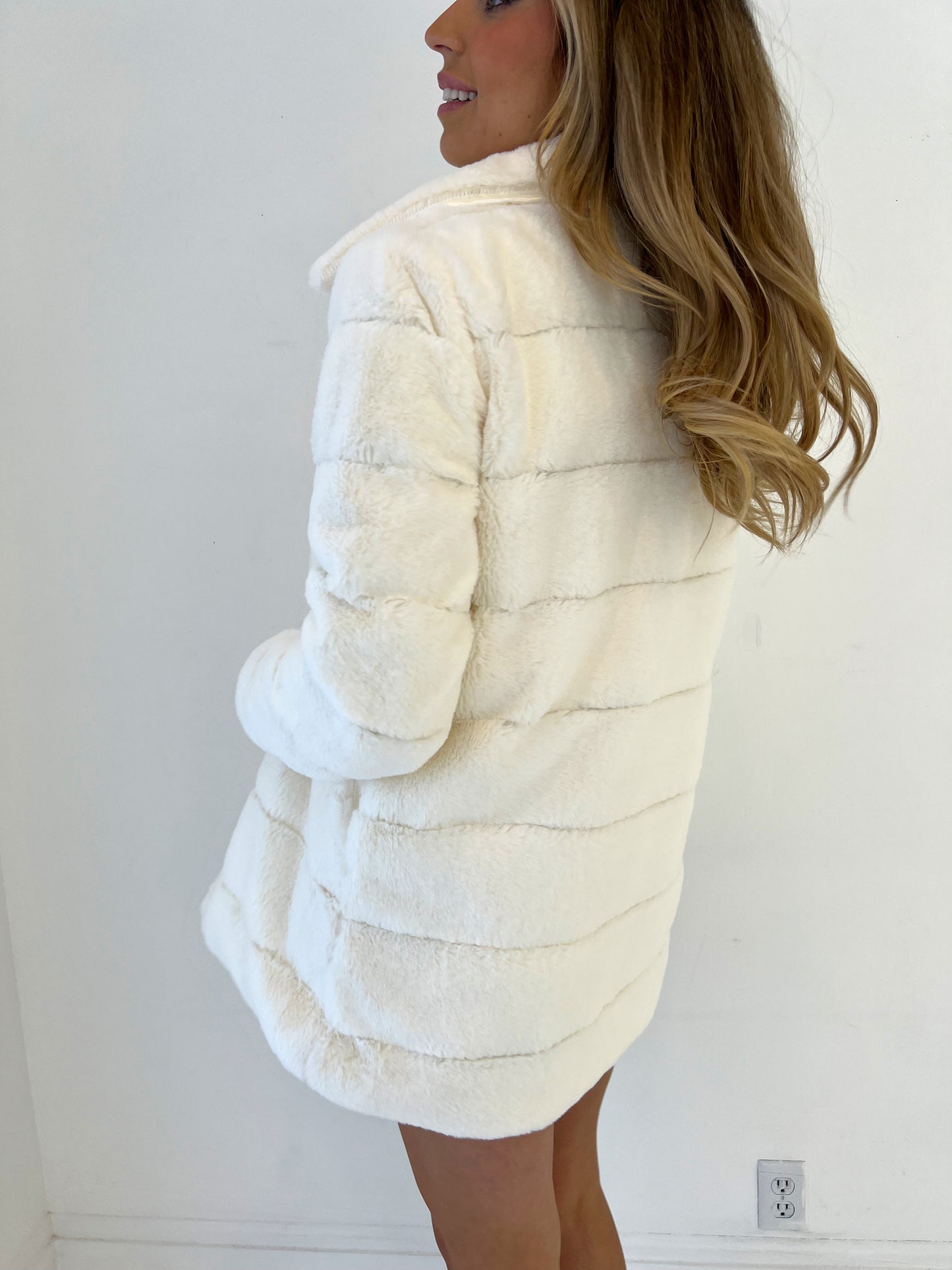 Cream Midi Fur Jacket