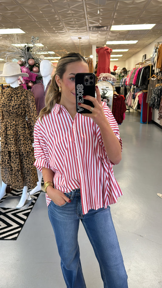 RED + WHITE STRIPED OVERSIZED BUTTON DOWN