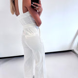 WHITE SQUARE NECK BUTTON JUMPSUIT (size small left)