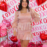 ROSE SHEEN SMOCKED LONG SLEEVE MINI DRESS