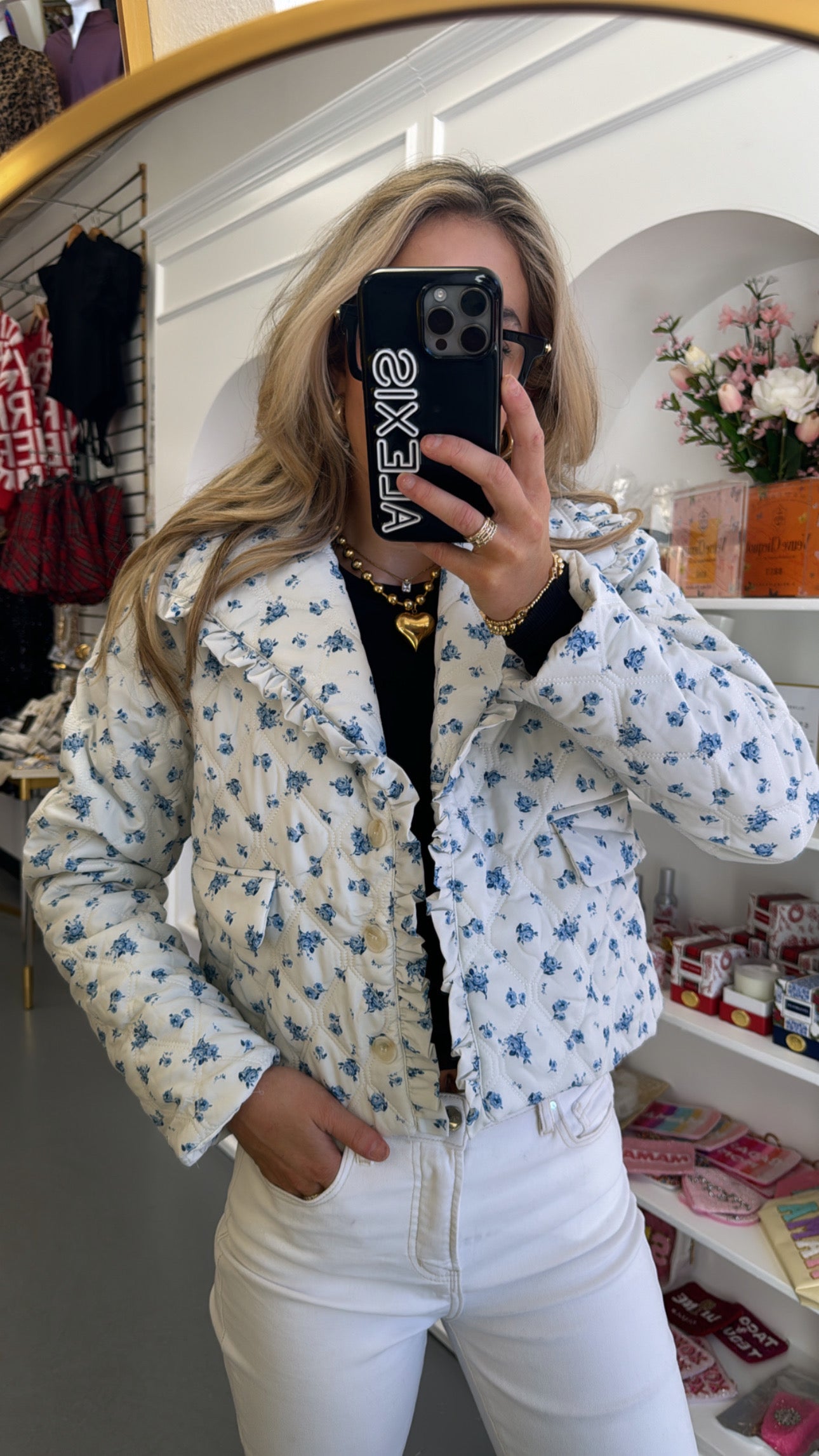 BLUE/ WHITE FLORAL PUFFER JACKET