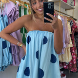 BLUE POLKA DOT STRAPLESS BUBBLE DRESS