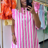 PINK STRIPED RUFFLE V NECK DRESS