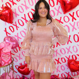 ROSE SHEEN SMOCKED LONG SLEEVE MINI DRESS