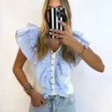 WHITE KNIT RUFFLE STRIPED TOP