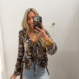 TIGER STRIPE RUFFLE TIE BLOUSE