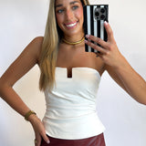WHITE PLEATHER STRAPLESS TOP