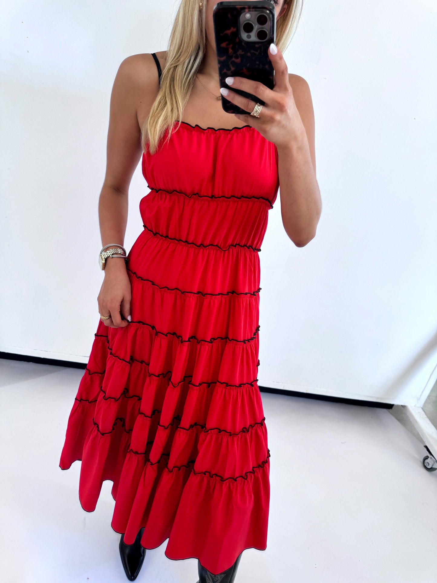 RED/ BLACK RUFFLED TIERED DRESS