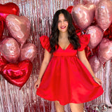 RED V NECK SATIN BUBBLE DRESS