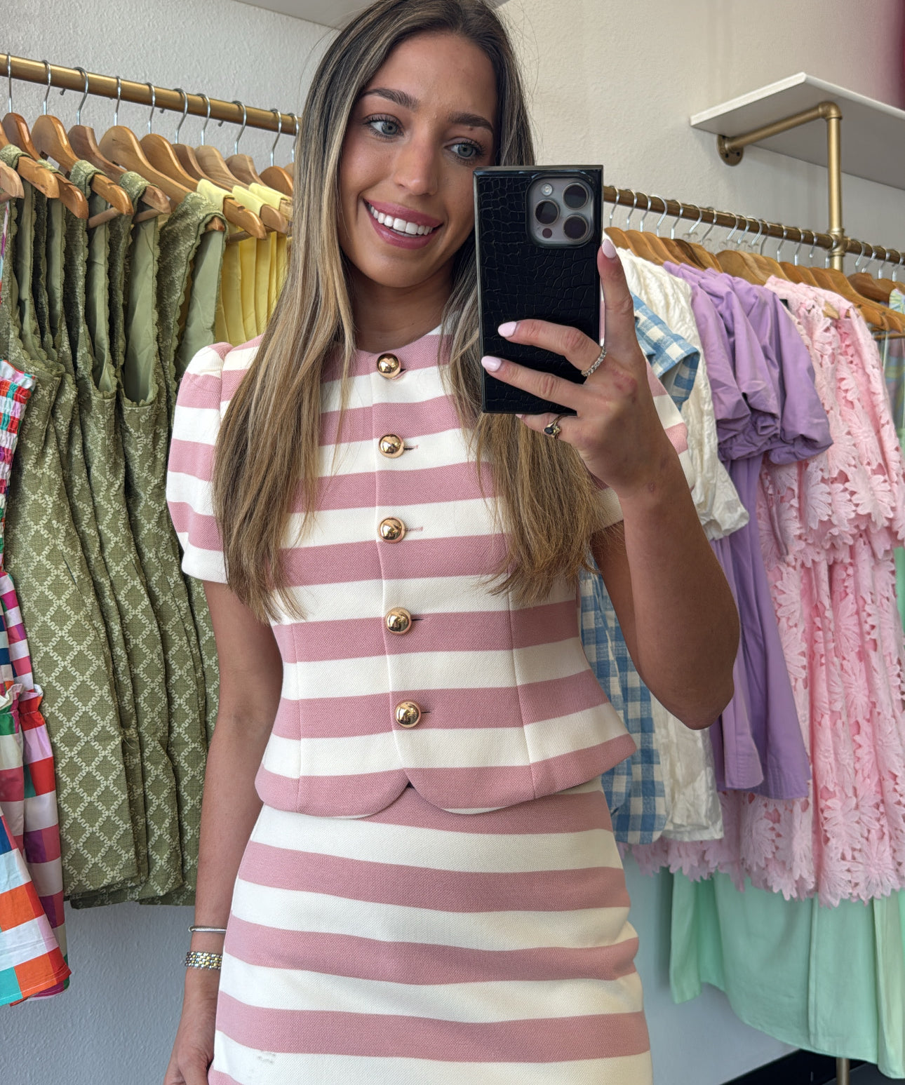 Pink Stripe Button Puff Sleeve Set