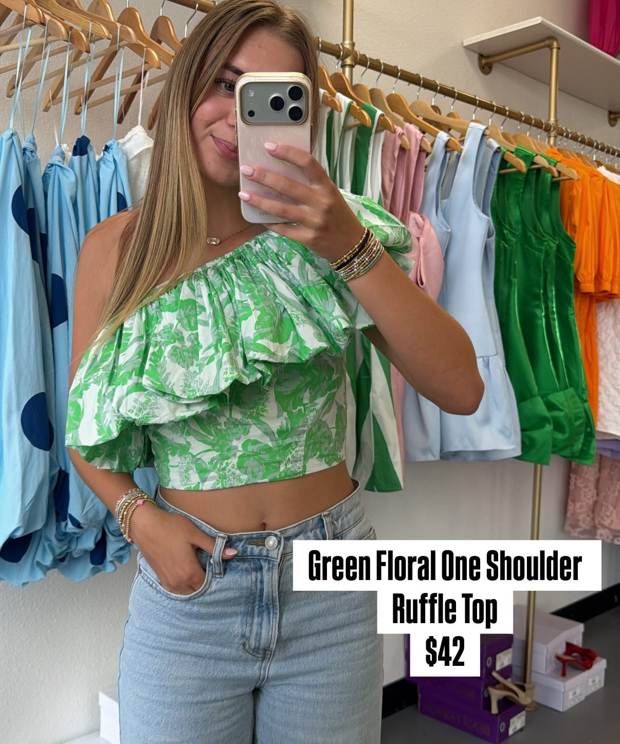 GREEN FLORAL ONE SHOULDER RUFFLE TOP