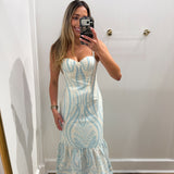 BABY BLUE PEARL RUFFLE MIDI DRESS