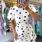 POLKA DOT RUCHED PUFF SLEEVE DRESS