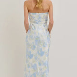 BLUE MULTI FLORAL STRAPLESS MAXI DRESS