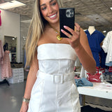 WHITE STRAPLESS BELTED ROMPER