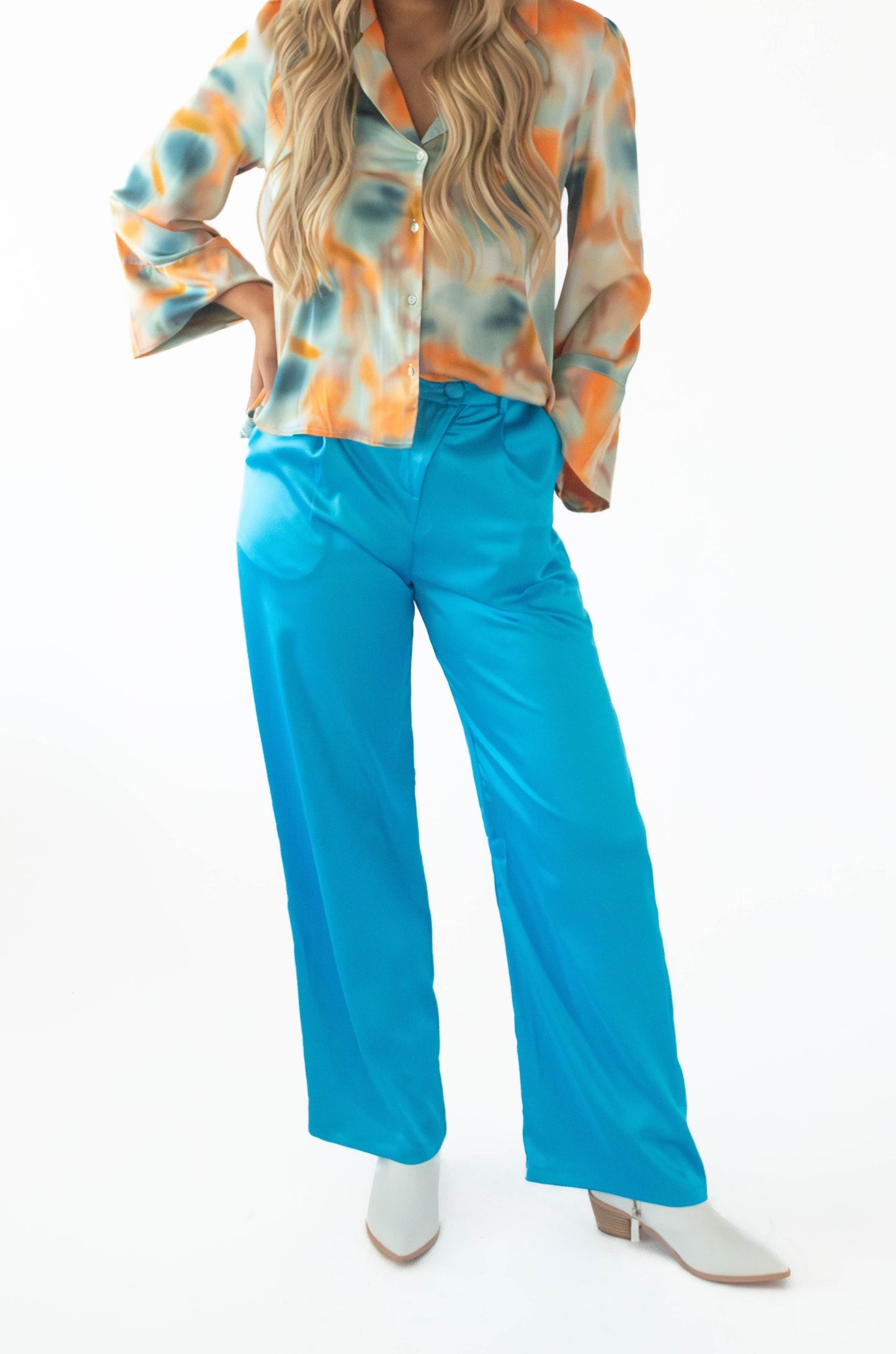 Blue Satin Wide Flow Pants