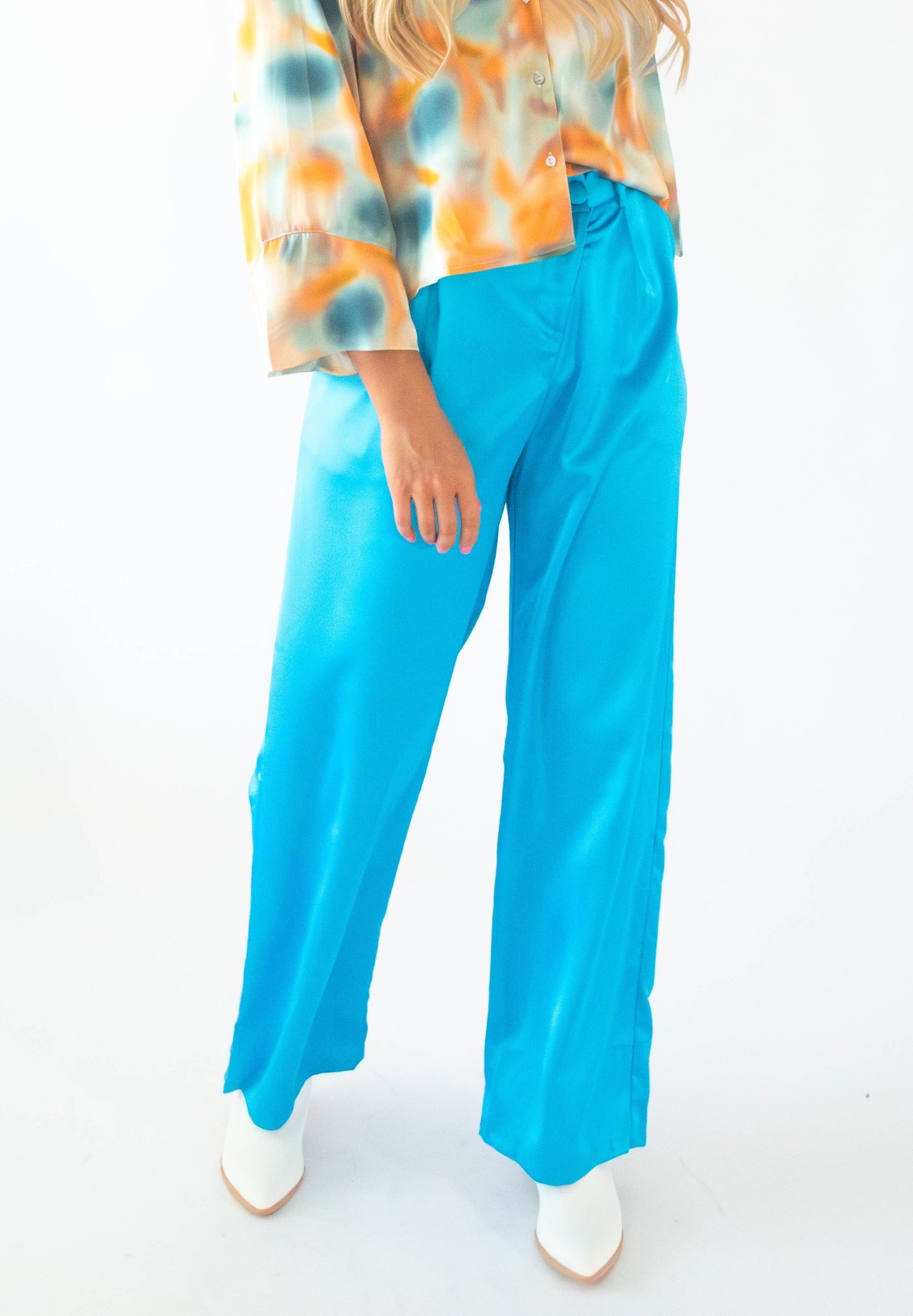 Blue Satin Wide Flow Pants