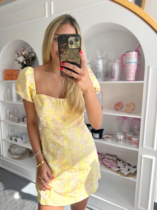 YELLOW FLORAL PUFF SLEEVE MINI DRESS