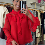 Red Sheer Chiffon Mock Neck Blouse