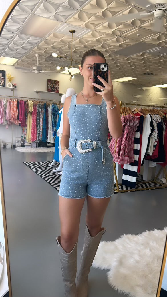 LIGHT RHINESTONE DENIM ROMPER