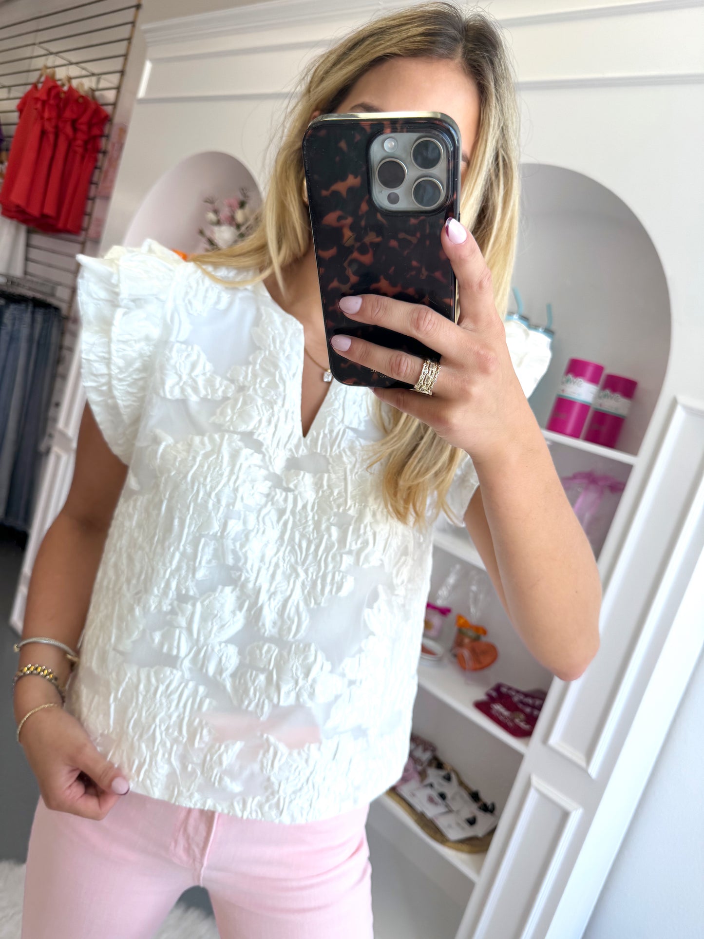 WHITE JACQUARD RUFFLE TOP