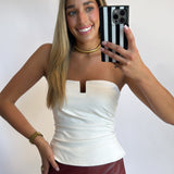 WHITE PLEATHER STRAPLESS TOP