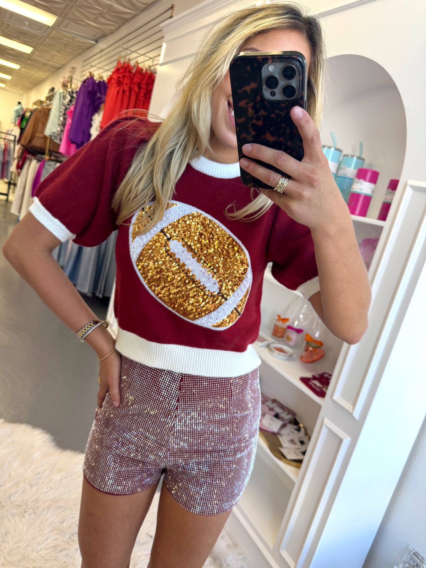 MAROON STUDDED KNIT SHORTS