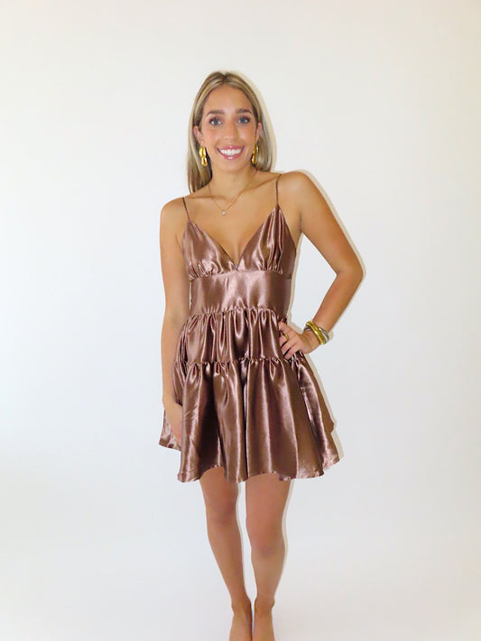 BRONZE SHIMMER MINI RUFFLE DRESS