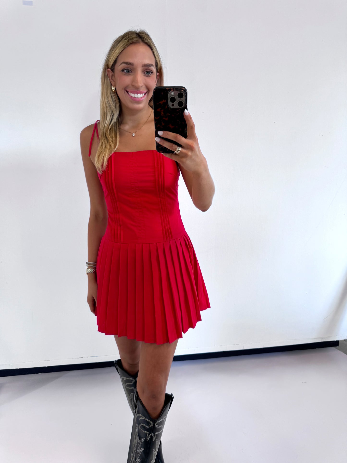 RED PLEATED DETAIL DRESS - (large left)