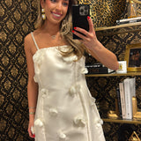 CREAM 3D FLORAL CHARM SATIN MINI DRESS