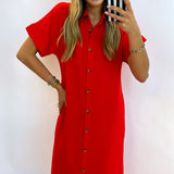 RED SOLID MIDI DRESS WITH POCKETS