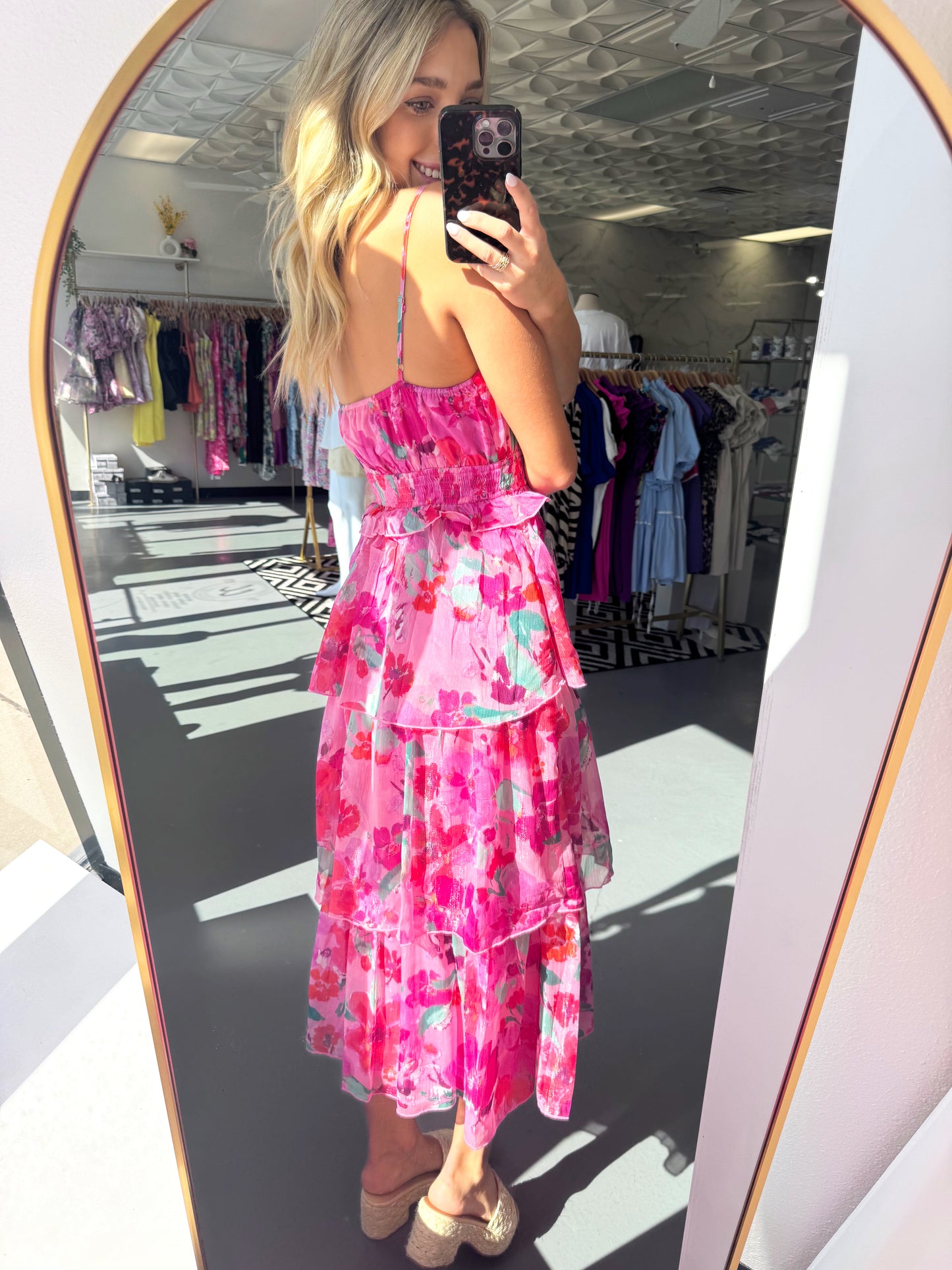 PINK MULTI FLORAL MIDI TIE DRESS