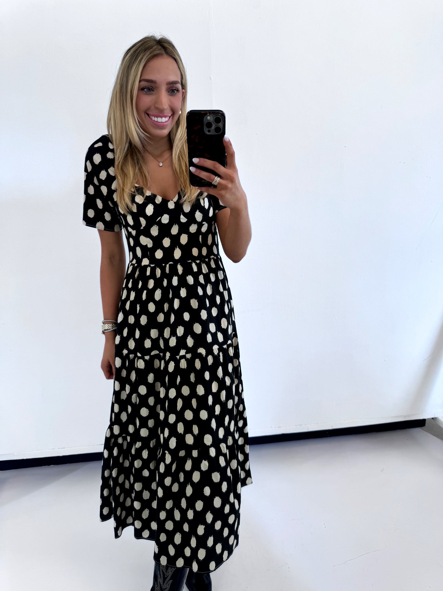 BLACK POLKA DOT SLEEVE MIDI DRESS