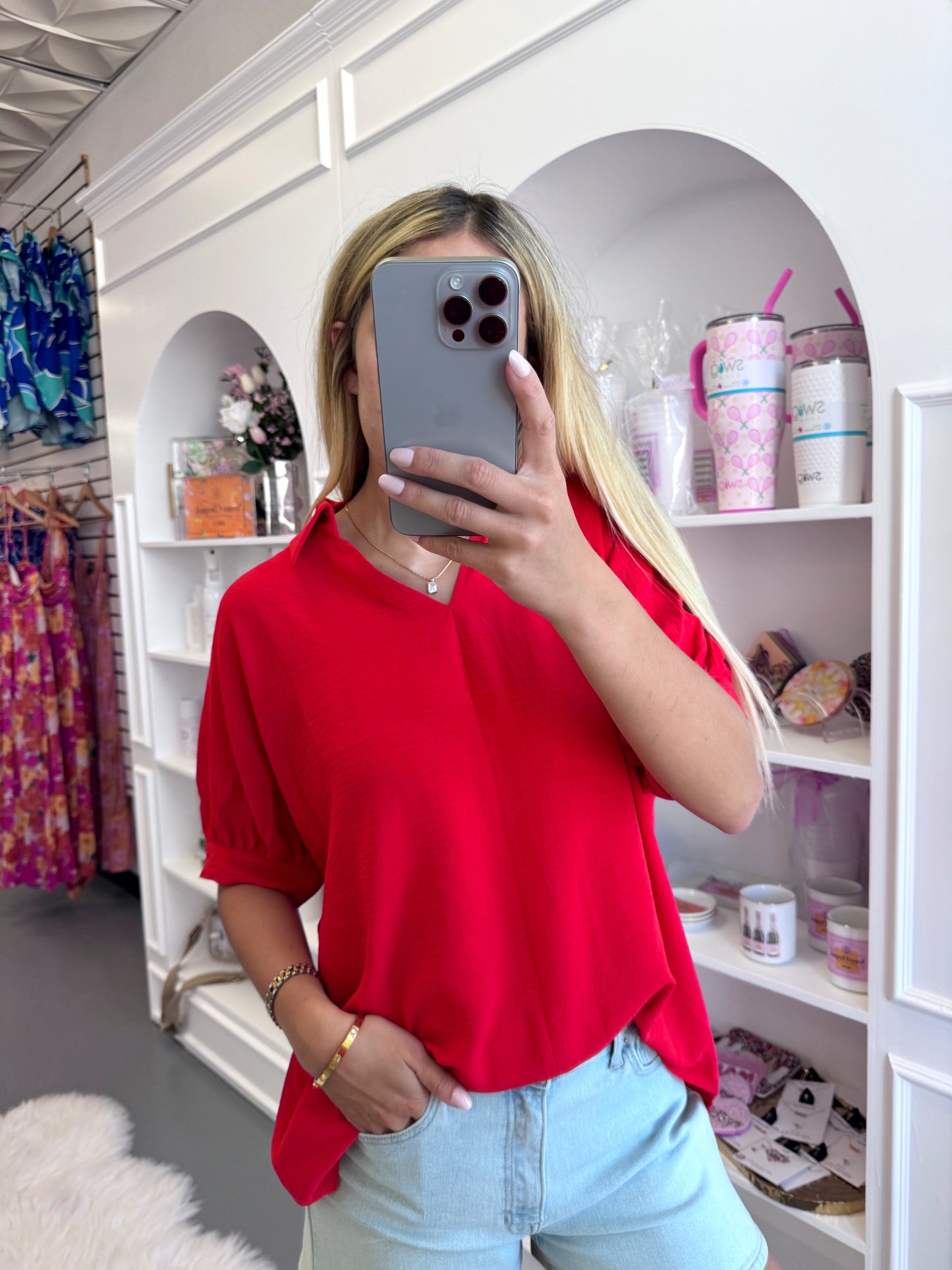 RED COLORED CUFFED BLOUSE