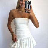 WHITE BUBBLE HEM RUCHED MINI DRESS