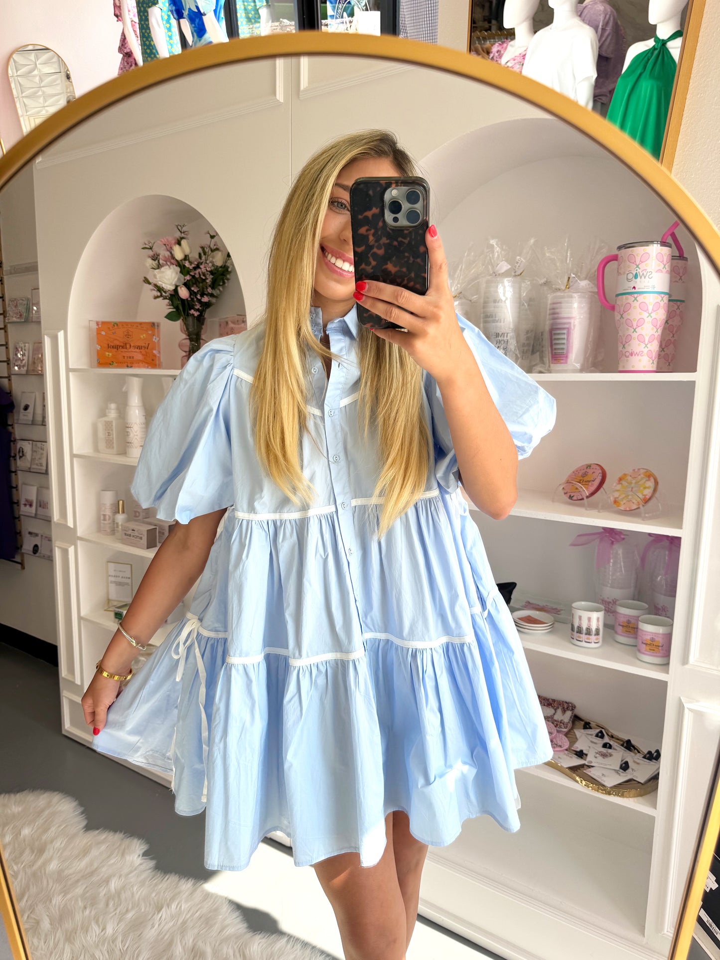 BABY BLUE BOW POPLIN TIERED DRESS WITH POCKETS