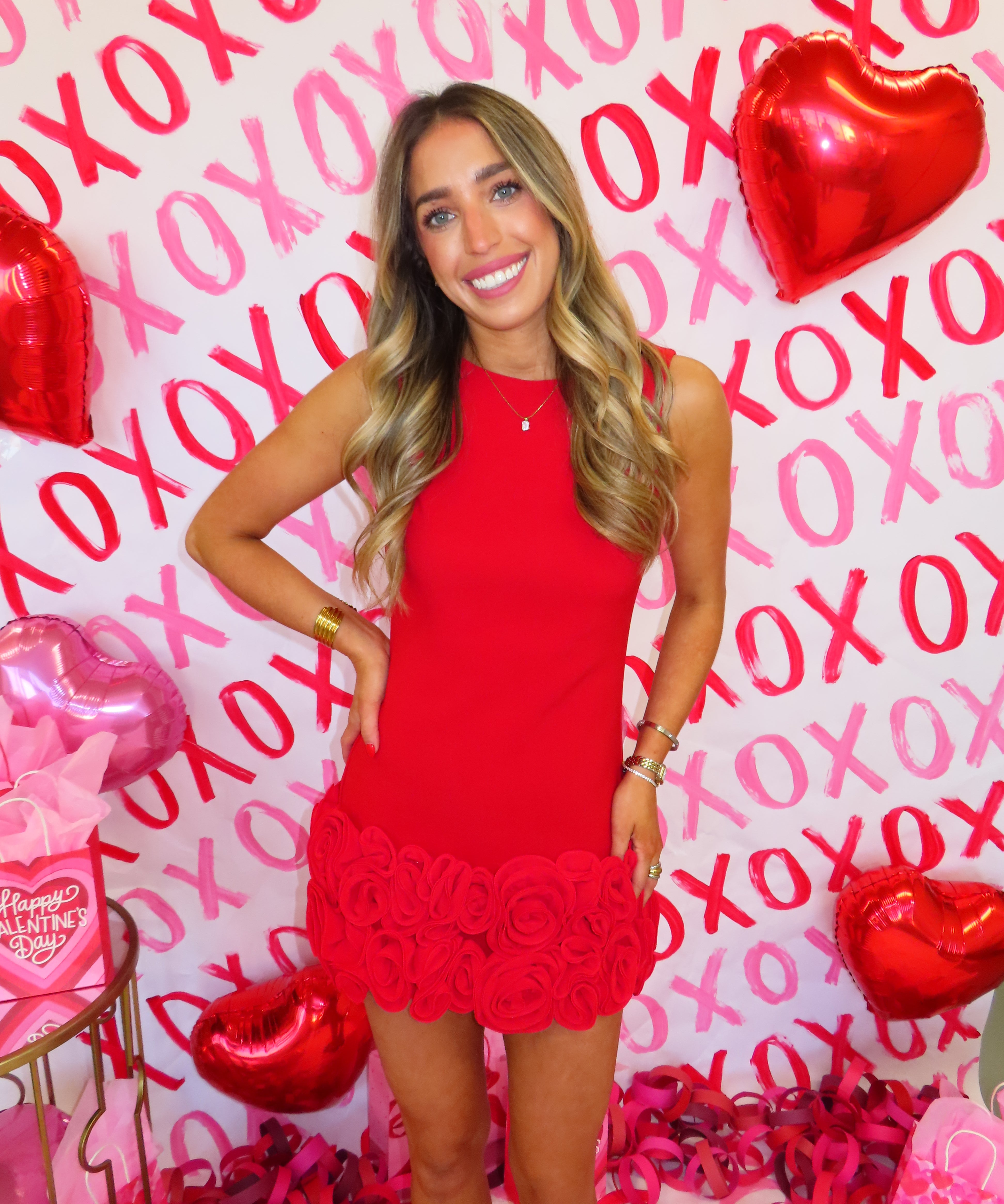 Red 3D Rosette Hem Dress