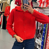 Red Ruffled Cardigan Sweater