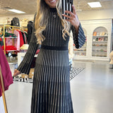 Black Stripe Rib-Knit Bell-Sleeve Maxi Sweater Dress