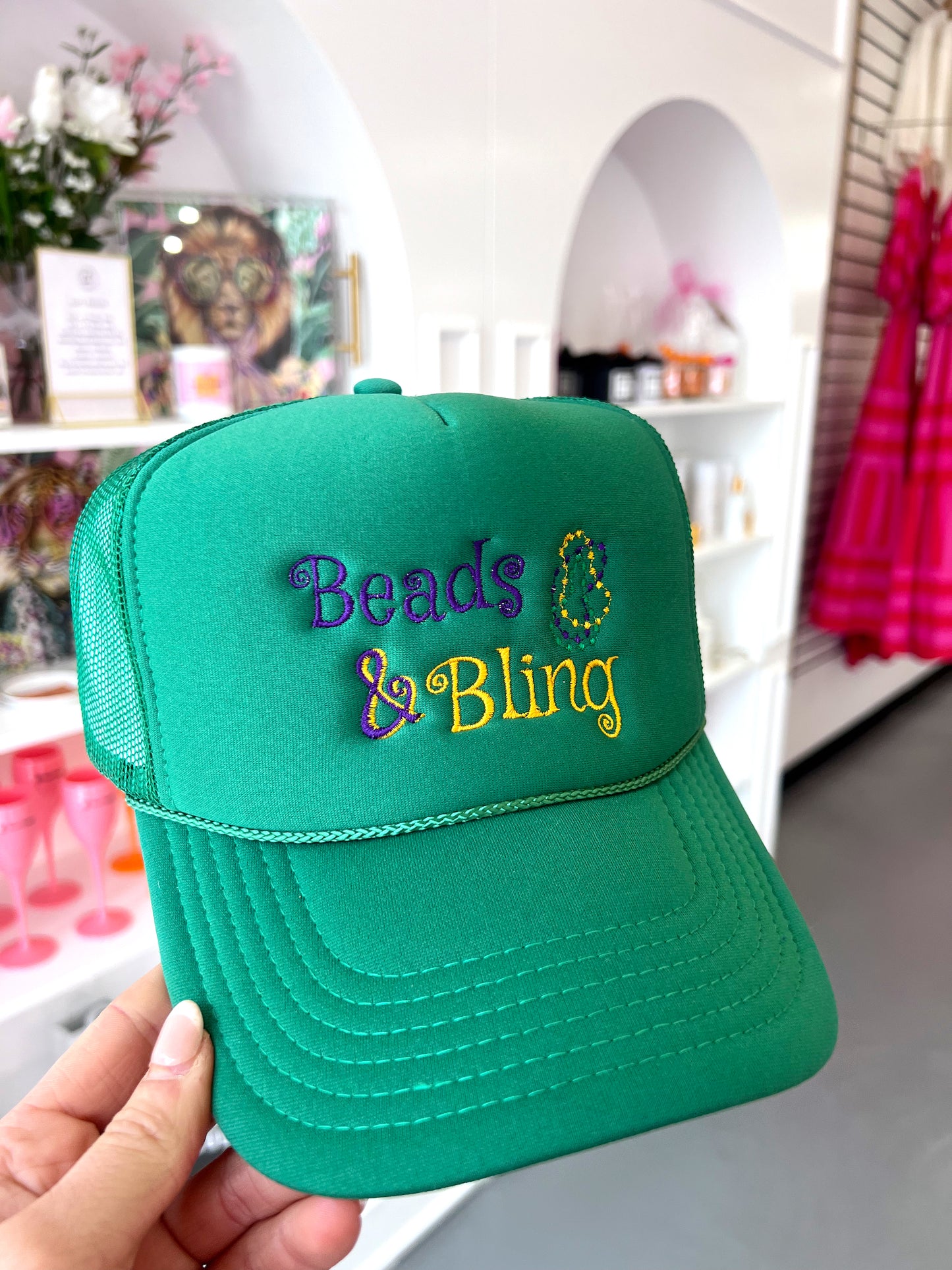 BEADS + BLING GREEN TUCKER HAT