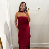 BURGUNDY SCARF MAXI RUFFLE FLOW DRESS