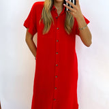 RED SOLID MIDI DRESS WITH POCKETS