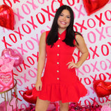 RED BUBBLE HEM BUTTONED MINI DRESS