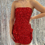 RED SEQUIN MINI STRAPLESS DRESS