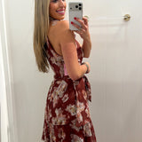 LBK WINE TIERED MAXI FLORAL DRESS